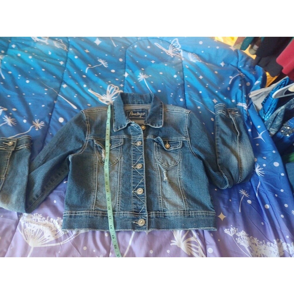 Amethyst Juniors Size Large Jean Cropped Cotton Stretch Button Jacket Distressed